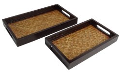 Rectangular Handcrafted Serving Hand Woven Decorative Wooden Wicker Trays Set Of 2 PWN-CB28A