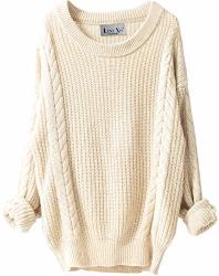 Liny Xin Women's Cashmere Oversized Loose Knitted Crew Neck Long Sleeve Winter Warm Wool Pullover Long Sweater Dresses Tops Beige
