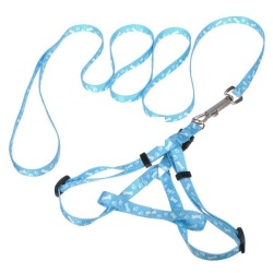 Harness And Leash For Miniature Breeds Or Small Puppy Cat - Blue - Paw Print And Bones