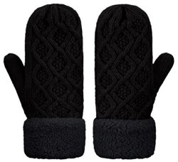 Il Caldo Womens Knitted Mittens Winter Twist Thick Plush Edge Warm Outdoor Gloves Black