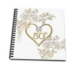 3DROSE 50TH Golden Wedding Anniversary In Faux Gold Glitter Heart On White Drawing Book 12 X 12