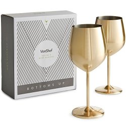 VonShef Gold Wine Glasses Shatterproof Stainless Steel Set Of 2
