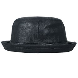 Vintage Ililily Faux Leather Rolled Short Brim Fedora Flat Pork Pie Hat Black Medium