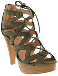 Top Moda Table 8 Peep Toe High Heel Lace Up Strappy Pumps Olive 8.5