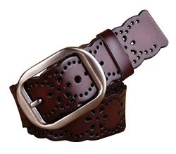 Womens Normcorer Hollow Out Genuine Leather Alloy Buckle Belt For Jeans 45.28" Long Coffee