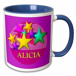 3DROSE MUG_53004_6"VIBRANT Colored Stars On A Pink Background With The Name Alicia" Two Tone Blue Mug 11 Oz Multicolor