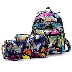 Celendi Girls' Pu Leather Camouflage Printed School Backpack Set 3 Pieces Shoulder Bag Handbag Sky Blue