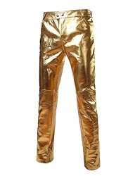 Kebinai Handsome Mens Side Zipper Design Moto Jeans Style Metallic Gold Pants straight Leg Trousers