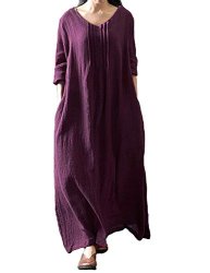 Romacci Women's Casual Loose Maxi Long Dress Vintage Long Sleeve Cotton Dress S-5XL