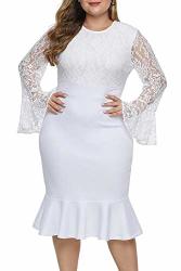 Urchics Women Elegant Ruffled Floral Lace Plus Size Wedding Party Mermaid Midi Dress White 2X