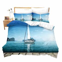 Loussiesd Sailboart Nautical Series Duvet Cover Set Blue Sky A Sailing Boart On The Sea Print Polyester Quilt Cover Set For Teens Boys With