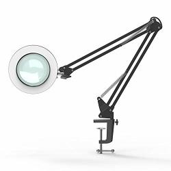 Youkoyi LED Magnifying Lamp Metal Swing Arm Magnifier Lamp - Stepless Dimming 3 Color Modes 5X Magnification 4.1" Diameter Glass Lens Adjustable Industrial Clamp