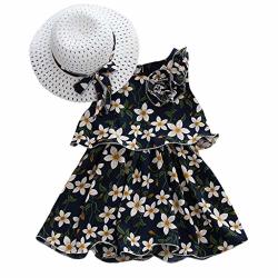 Youmymine Toddler Baby Kids Girls Dresses Sleeveless Flowers Print Princess Dress + Bow Hat Outfits Set 18-24MONTHS Navy