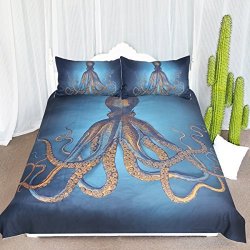Arightex Gold Octopus Bedding Nautical Sea Octopus In Blue 3 Piece Sea Creature Duvet Cover Cool And Retro Bedspread For Kids Teens Adults Full