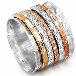 Boho-magic Spinner Ring For Women 925 Sterling Silver With Copper And Brass Fidget Bands Wide