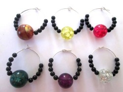 Wine Glass Ring Charms - Black Seed Beads With Colour Bead Set