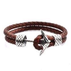 Double Plaited Brown Leather Anchor Bracelet - Medium 19CM