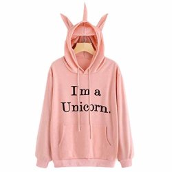 Beautyvan Pullover Tops New Design Womens Unicorn Print Long Sleeve Hoodie Pullover Tops XL Pink
