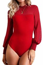 Almaree Woman's Oversized High Neck Long Sleeve Spot Snap Bodysuit Leotard Red XL