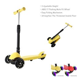 Anfan Kids Kick Scooter 3 Wheel Scooter For Boys Girls Age 3-12 Easy-folding 3 Adjustable Heights Pu Flashing Mute Wheels Abec 7 Support 110LBS Weight Yellow
