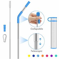 Collapsible Telescopic Straw Reusable Drinking Straws Portable Stainless Steel Metal Straw Folding Final With Carrying Case&cleaning Brush Keychain Carabiner&silicone Tips For Travel-blue