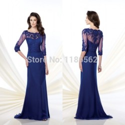 Mother Of The Bride -new Arrival Scoop Neck See Through Sleeves Chiffon Long Blue Mother Of The Brid