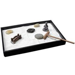 ROOM2ROOM Desktop MINI Meditation Zen Garden Tray For Stress Relief 8 X 5 Inches With Buddha Figure Natural River Rocks Rake And Sand