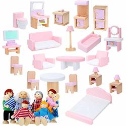 Wooden Dollhouse Furniture Doll House Furnishings With 8 Pieces Winning Doll Family Set Dollhouse Accessories For Miniature Dollhouse Family Figures Imaginative Play Toy Pink Style