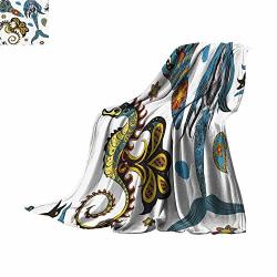 Smllmoondecor Throw Blanket Mermaid Decorations Mermaid Seahorse And Calmar Pattern Drawing Effect Mustard Blue Black White Print Summer Quilt Comforter Bed Or Couch 50"X30