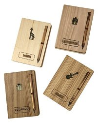 4-PACK Variety Wood Notebooks With Attached Pens - Naturally Wooden Series Unique Wood-covered Journal & Pen Set With Bronze Crests No Line