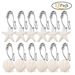 Freebily 12 Pcs Rust-proof Stainless Steel Shell Starfish Glide Shower Ring Hangs Double Shower Curtain Hooks