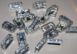 Spacers - Rhinestone - Square - Two Hole - 15 X 8MM - Silver Plated With Clear Rhinestones - 2 Pcs