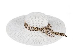 JTC Big Straw Hats Wide Brim Leopard Ribbon 12 Colors Cream