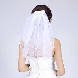 Striking White Bridal Veil - Bow With Rhinestones On Comb With Scolloped Edging And Pearl Detail