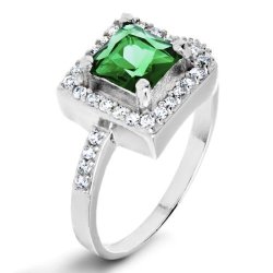 Elya Sterling Silver Emerald Green Cushion-cut Cubic Zirconia Halo Ring - Size 8