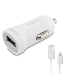 LDNIO 5V 1A Single Port USB Car Charger With Free Lightning Iphone Data & Charging Cable - White
