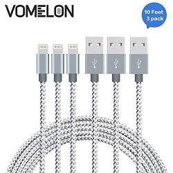 Lightning Cable 10FT-3PACK Tangle-free Nylon Braided Cord Lightning To USB Charging Cables Compatible With Iphone 7 7 PLUS 6S 6 Plus SE 5S 5 Ipad Ipod Nano 7- Grey +