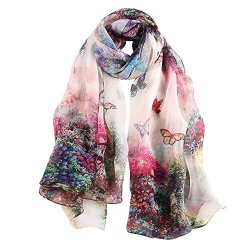 Story Of Shanghai Women's Mulberry Flower Print Soft Large Silk Scarf 68X43 Inches