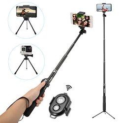 Selfie Stick Bluetooth Glisteny Highly Extendable Monopod With Tripod Stand Adjustable Clamp Skidproof Grip Handle And Blue-tooth Remote Shutter For Smartphones Gopro Compact Cameras Black