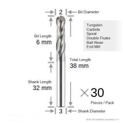 30 Router Bit 2MM 6MM Length Shank 3MM Spiral Double Flutes Ball Nose End Mill Tooling Length 38MM Span Style= Color: 339933 span Pack Of 30 Tool Bits