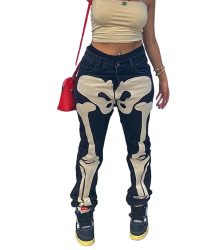 NUFIWI Halloween Skeleton Skull Print Black Denim Pants for Women Mid Waist  Zip Up Trousers Goth Harajuku Cyber Y2K Outfits