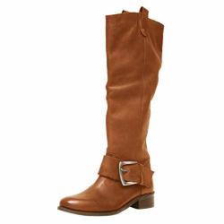 Dainzuy Women's Knee High Riding Boots Ladies Fashion Winter Buckle Thick Flat Heels Leather Boots Brown