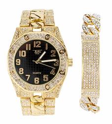 Mens Bling-ed Out 40MM Dial Cz Gold Watch With Iced Out Bezel And Cuban Link Id Bracelet Set