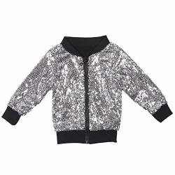 Cilucu Kids Jackets Girls Boys Sequin Zipper Coat Jacket For Toddler Birthday Christmas Clothes Long Sleeve Bomber Silver Black 7-8YEARS