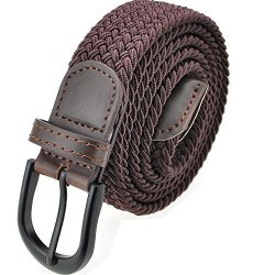 Casual Woven Braid Elastic Belt With Pin Oval Solid Black Buckle And Leather Loop End Tip For Men And Women 1 Or 2 Pack
