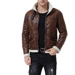 Men's Faux Leather Jacket Brown Motorcycle Bomber Shearling Suede Stand Collar Large