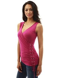 Women's Pattyboutik V Neck Corset Ruched Tank Top Rose S