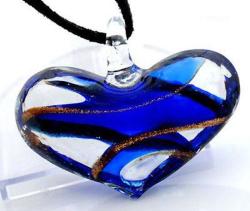 Necklaces - Murano Lampwork Foil Glass - Heart Pendant - Clear Royal Blue And Goldsand