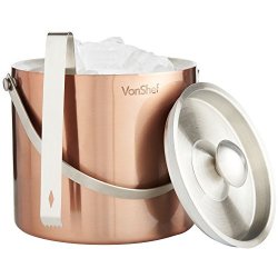 Vonshef 3 Liter Copper Stainless Steel Ice Bucket Barware Kit - Double Walled Insulated With Lid Carry Handle & Tongs Set