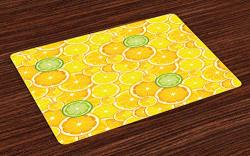 Ambesonne Yellow Place Mats Set Of 4 Lemon Orange Lime Fruit Citrus Round Cut Circles Big And Small Pattern Washable Fabric Placemats For Dining